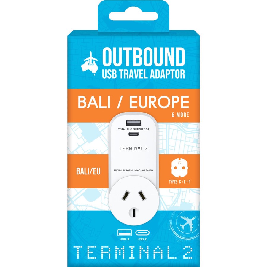Terminal 2 Outbound Travel Adaptor with Usb 3.1 Ports Europe